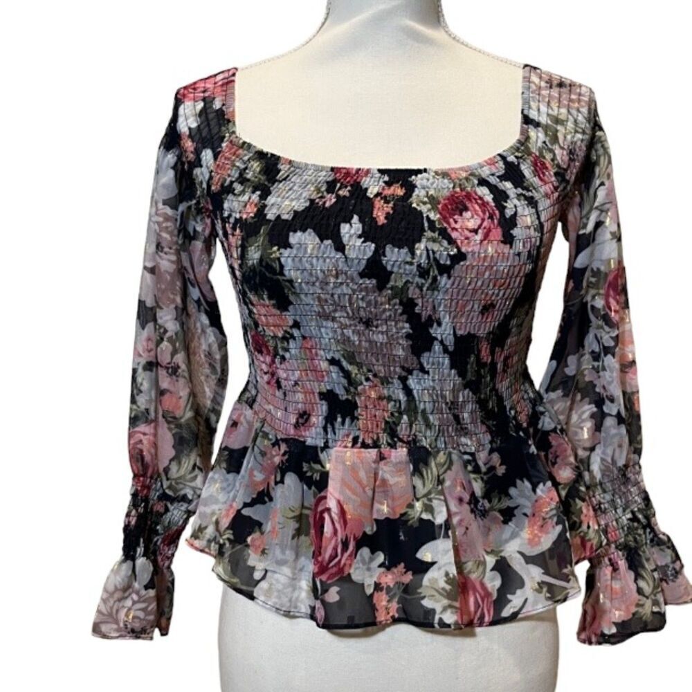 Renvy Floral Cropped Peplum Top Black with Vintage Floral Print Size XS